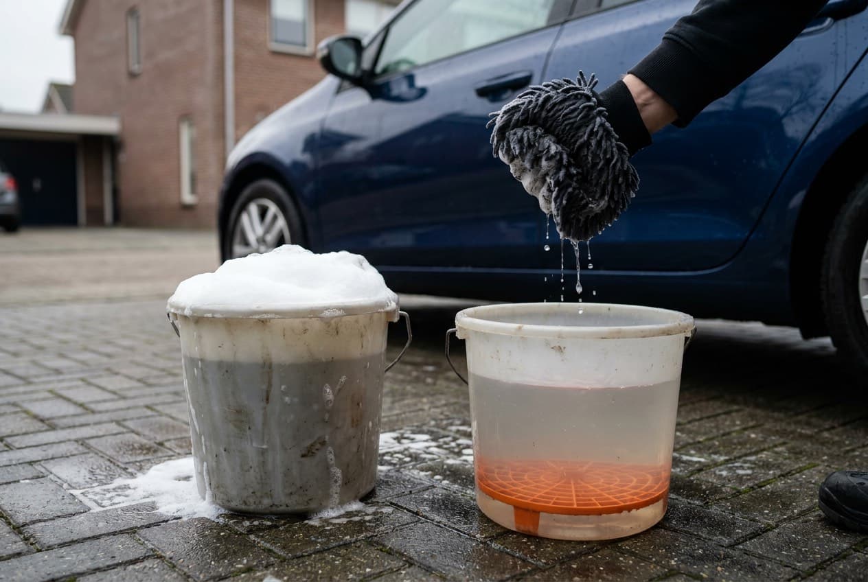Twee emmers naast elkaar op een Nederlandse oprit: links een emmer met schuim, rechts een emmer schoon water met een oranje zeefrooster op de bodem. Een hand knijpt een grijze microvezel washand uit boven de emmer met schoon water.