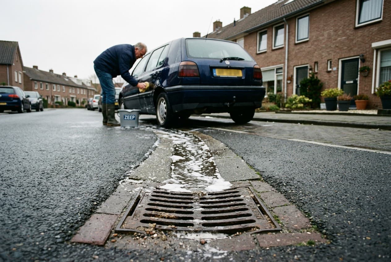 Iemand wast zijn donkerblauwe auto met een emmer bij de stoeprand in een Nederlandse woonstraat; het zeepwater loopt door de goot naar een straatkolk die scherp in de voorgrond staat.