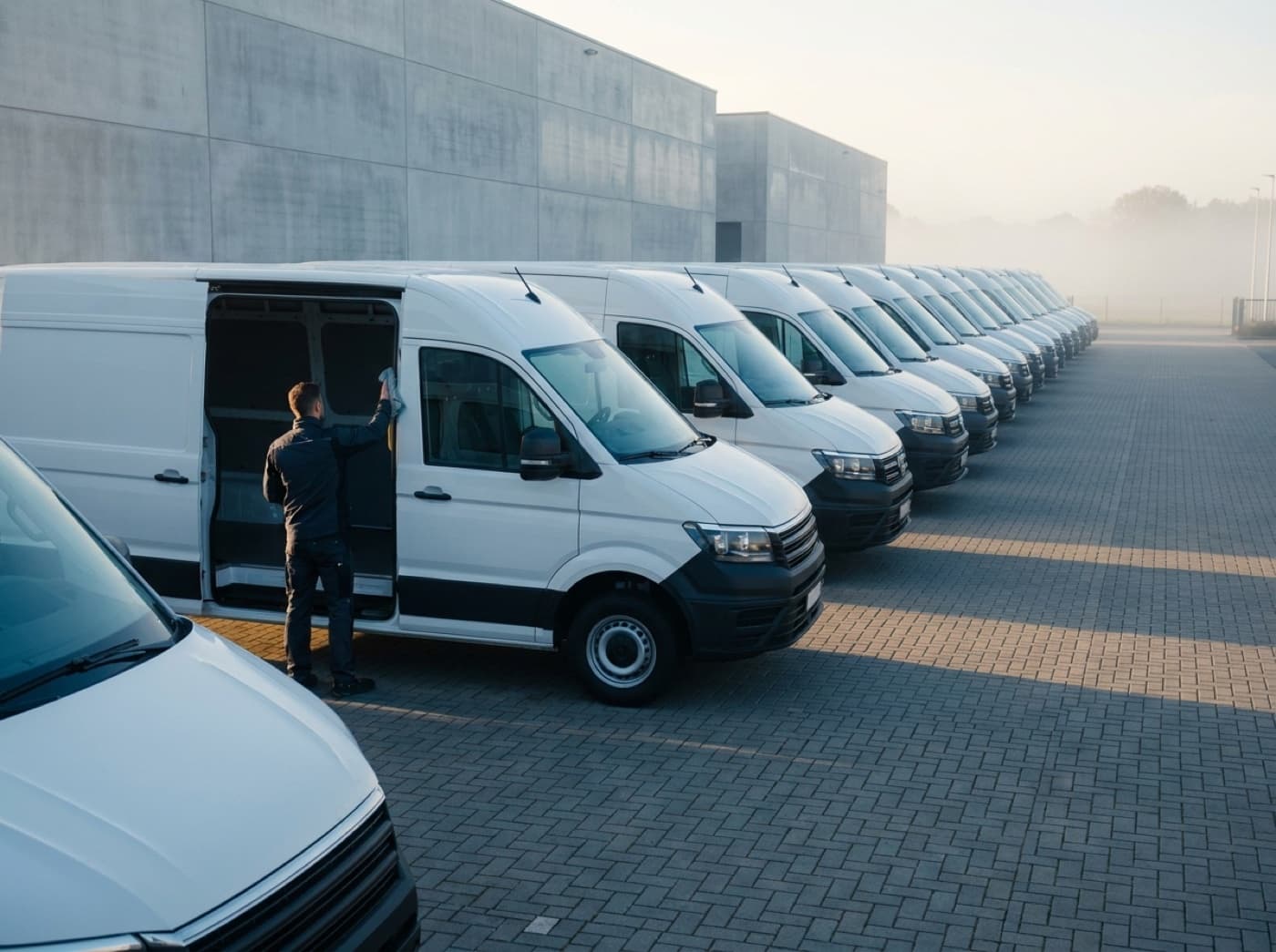 Bestelbus met open schuifdeur wordt vanbinnen gestofzuigd op een bedrijfsterrein
