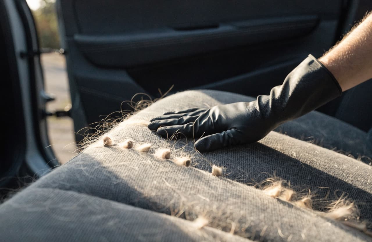 Een hand in een rubberen handschoen haalt over de grijze stof van een achterbank en veegt de hondenharen samen tot zichtbare plukjes.