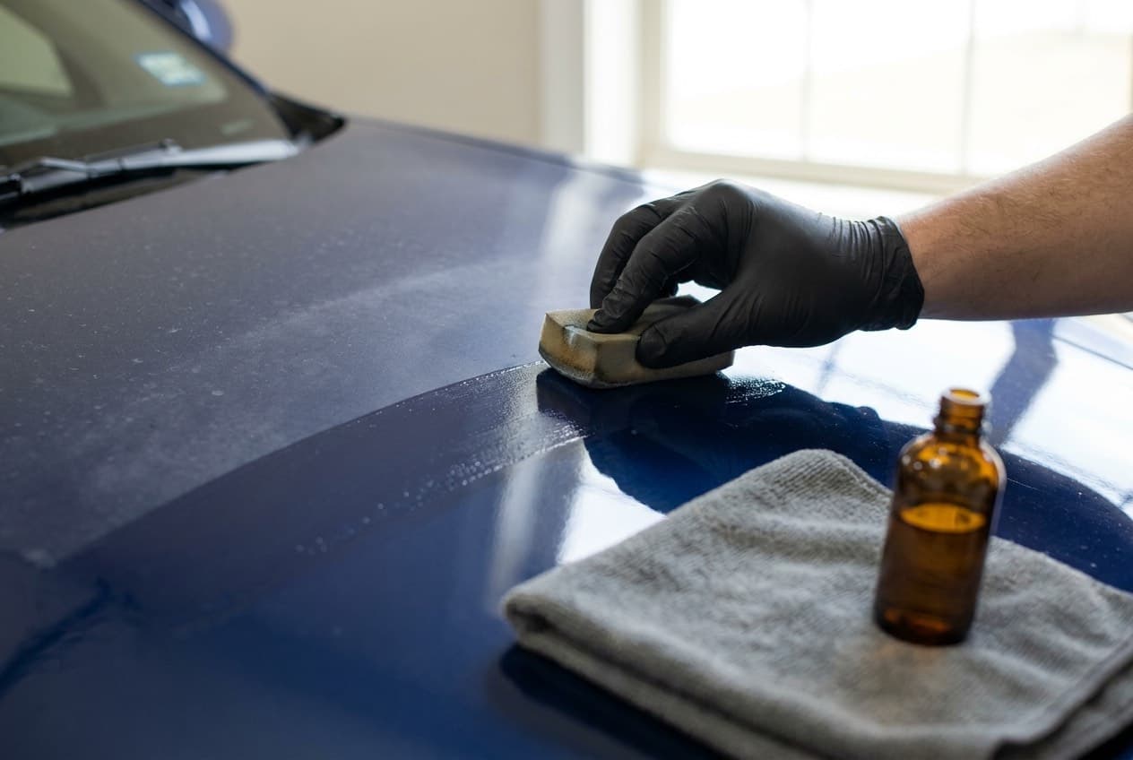 Een hand met een zwarte handschoen brengt met een applicatorblok lakverzegeling aan op de donkerblauwe motorkap van een auto; de behandelde helft glanst, de onbehandelde helft is nog dof, met een microvezeldoek en een bruin flesje ernaast.