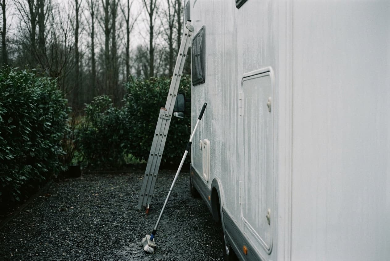 De hoge witte zijkant van een camper wordt afgespoeld op een grindpad, met een ladder ertegenaan en een wasborstel op een telescoopsteel.