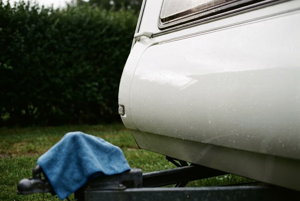 Waterdruppels op het pas gewassen witte zijpaneel van een caravan, met een blauwe microvezeldoek op de dissel.