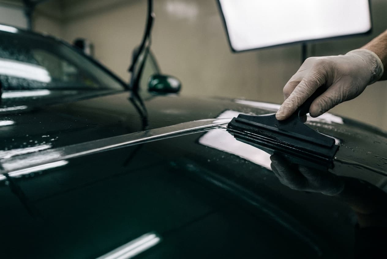 Detailopname van een gehandschoende hand die met een rakel een doorzichtige beschermfolie op een donkergroene motorkap aandrukt.