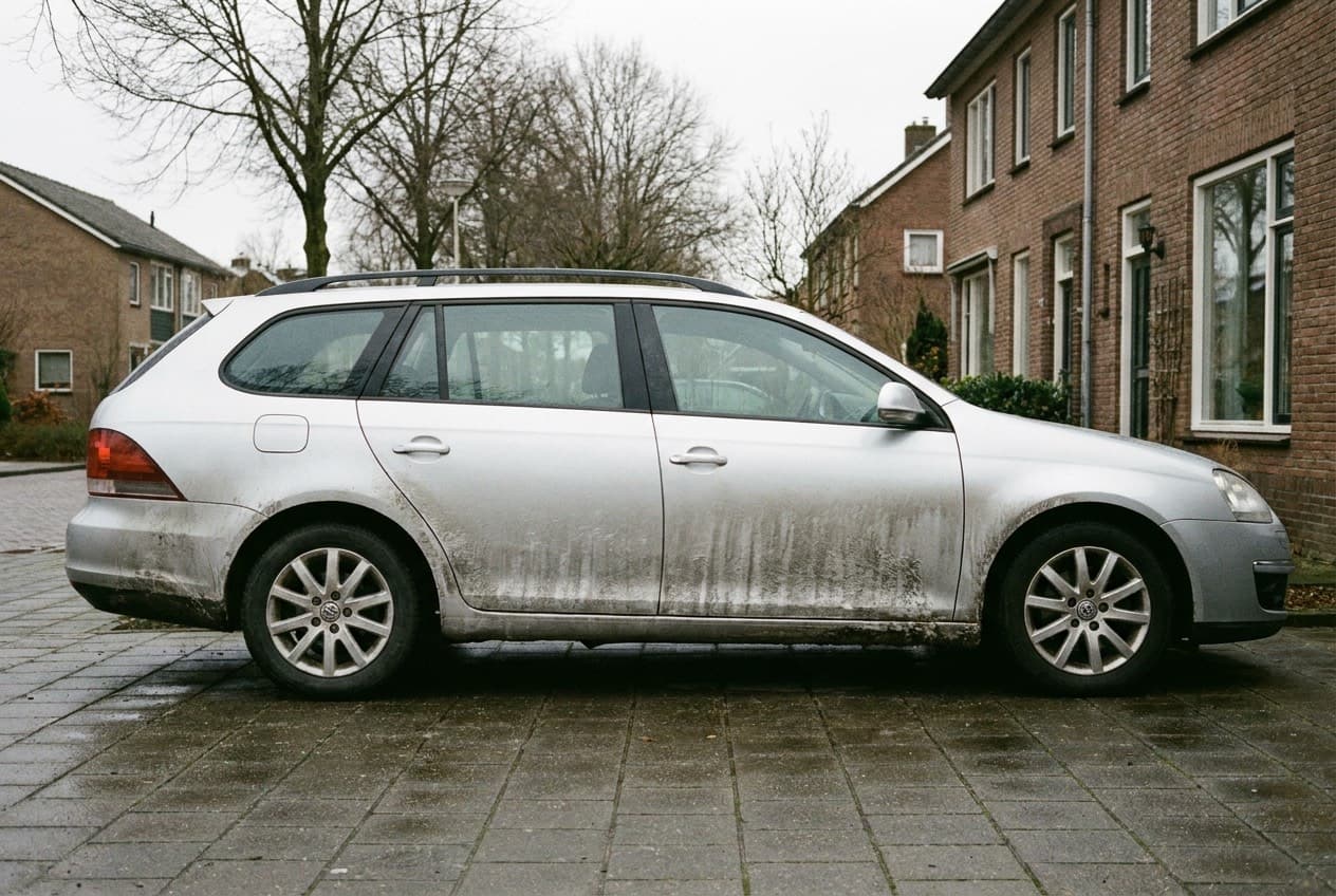 Een zilvergrijze stationwagen op een oprit in de winter, met een grijswitte aanslag van strooizout over de onderkant van de portieren en spatsporen tot boven de wielkast, terwijl de bovenkant nog redelijk schoon is.