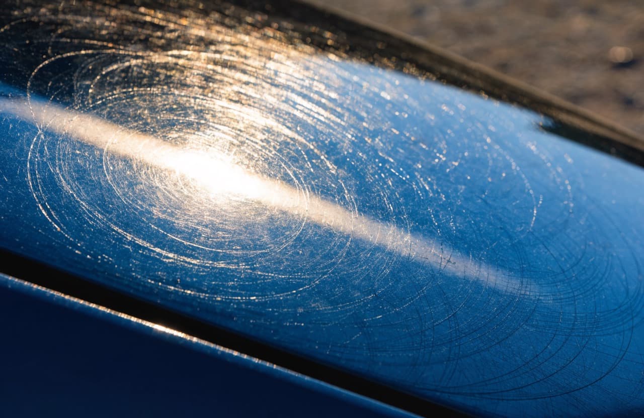 De motorkap van een donkerblauwe auto in laag zonlicht, waarop een dicht web van fijne cirkelvormige krasjes in de blanke lak zichtbaar wordt.