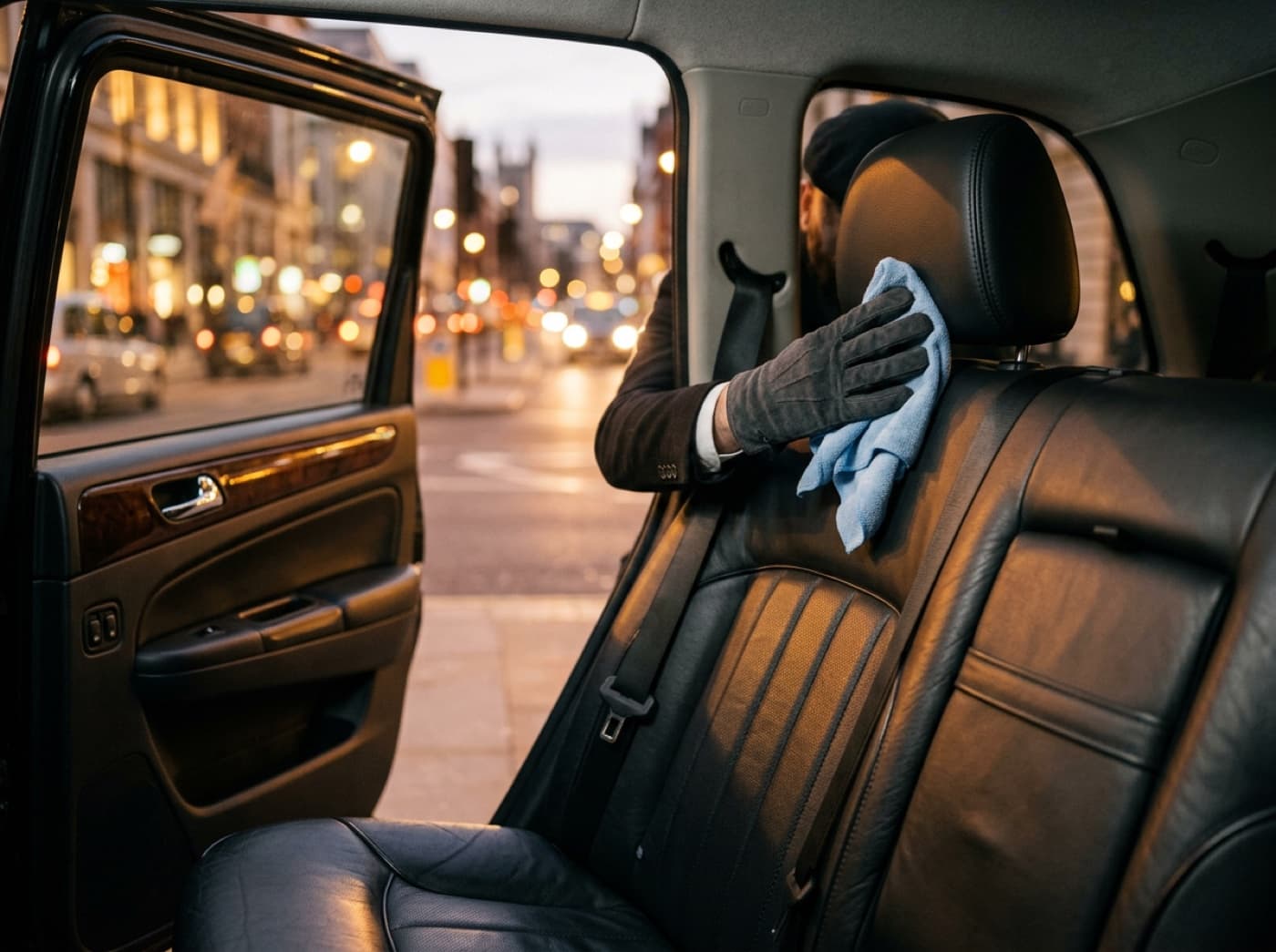 Achterbank van een taxi wordt schoongemaakt bij een standplaats