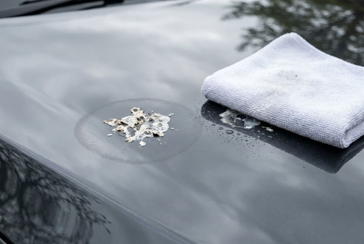 Opgedroogde vogelpoep op de donkergrijze motorkap van een auto, met een doffe ronde ets rond de vlek; ernaast weekt een gevouwen witte microvezeldoek een tweede plek los.