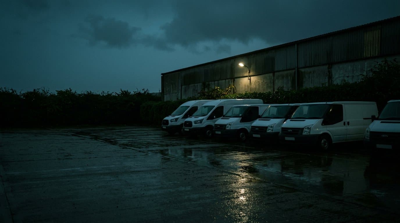Een rij witte bedrijfsbussen staat op een nat bedrijfsterrein in het blauwe uur, weerspiegeld in het asfalt.