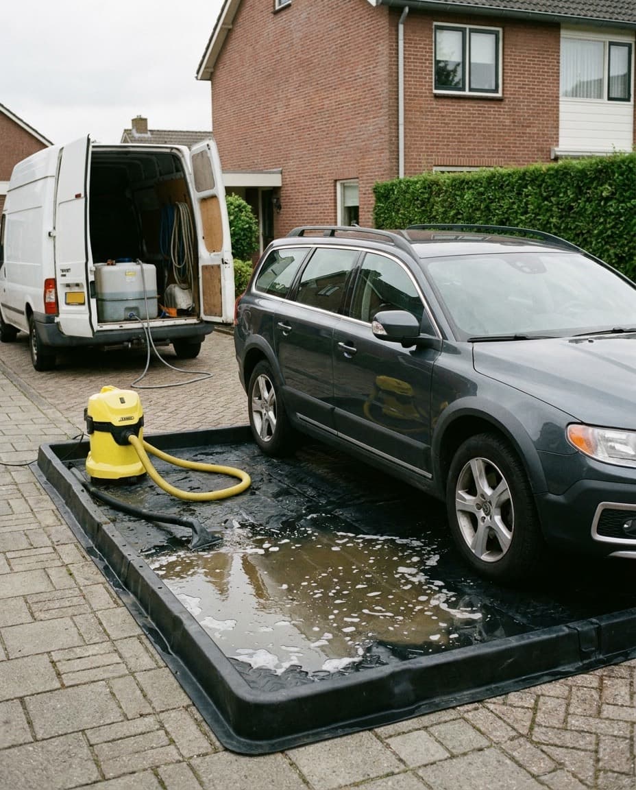 Een donkergrijze Volvo staat op een zwarte opvangmat met opstaande randen op een oprit; het vuile zeepwater blijft in de mat staan en wordt met een gele waterzuiger weggezogen, terwijl de bestrating eromheen droog is. Achter de auto staat een witte bus met een watertank en slangen.