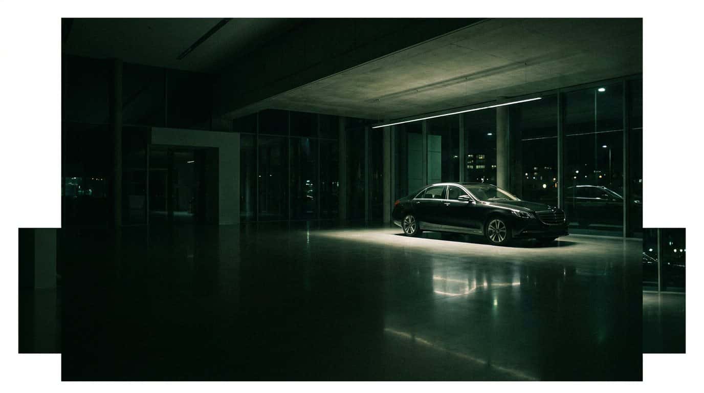 Een gepoetste donkere auto staat onder één lichtbalk in een verder donkere showroom, met weerspiegelingen in de gepolijste vloer.