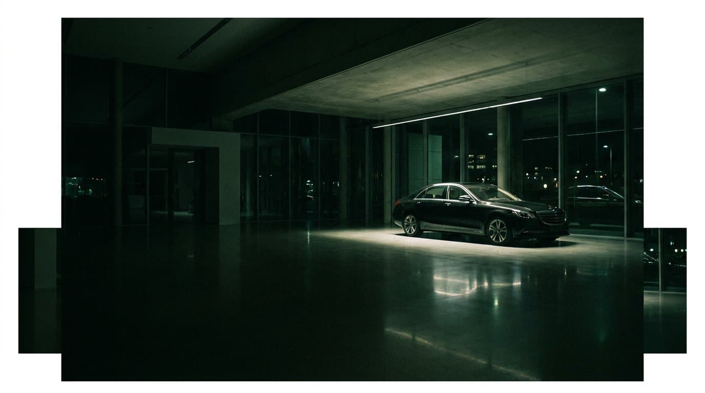 Een gepoetste donkere auto staat onder één lichtbalk in een verder donkere showroom, met weerspiegelingen in de gepolijste vloer.
