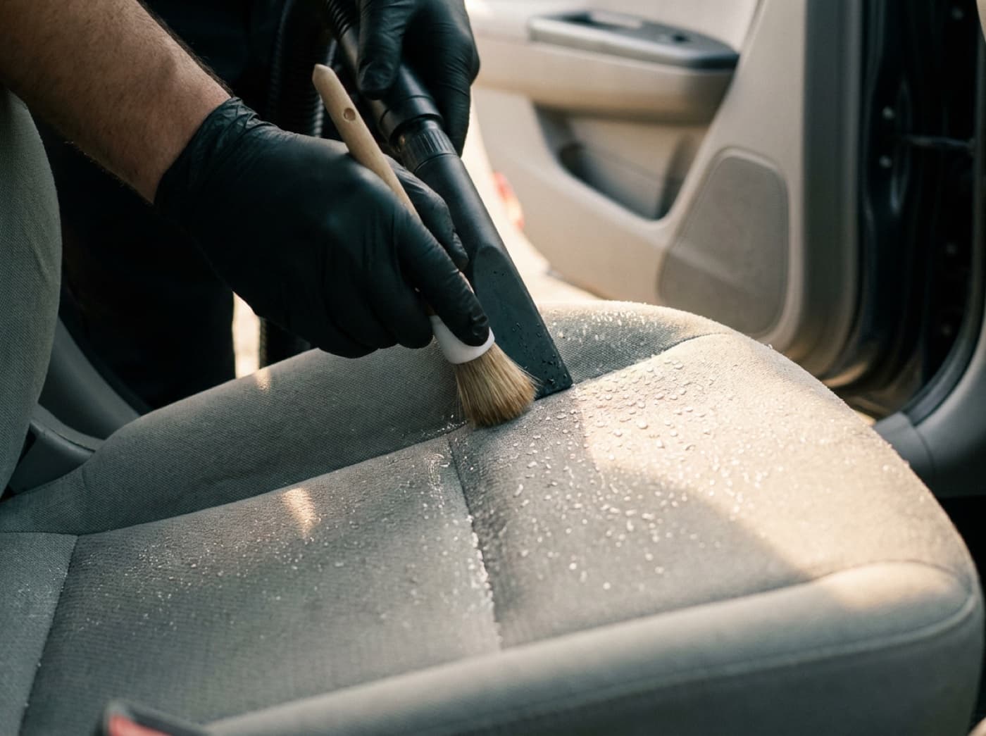 Autostoel wordt gereinigd met een zachte borstel en extractiezuiger langs de naad
