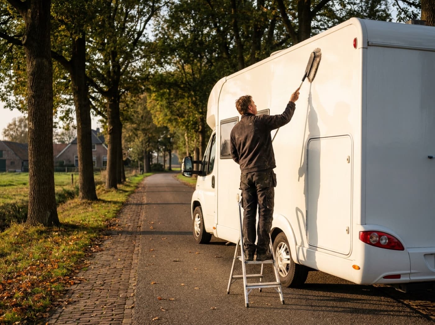 Camper wordt op locatie gewassen met een zachte borstel op een verlengde steel