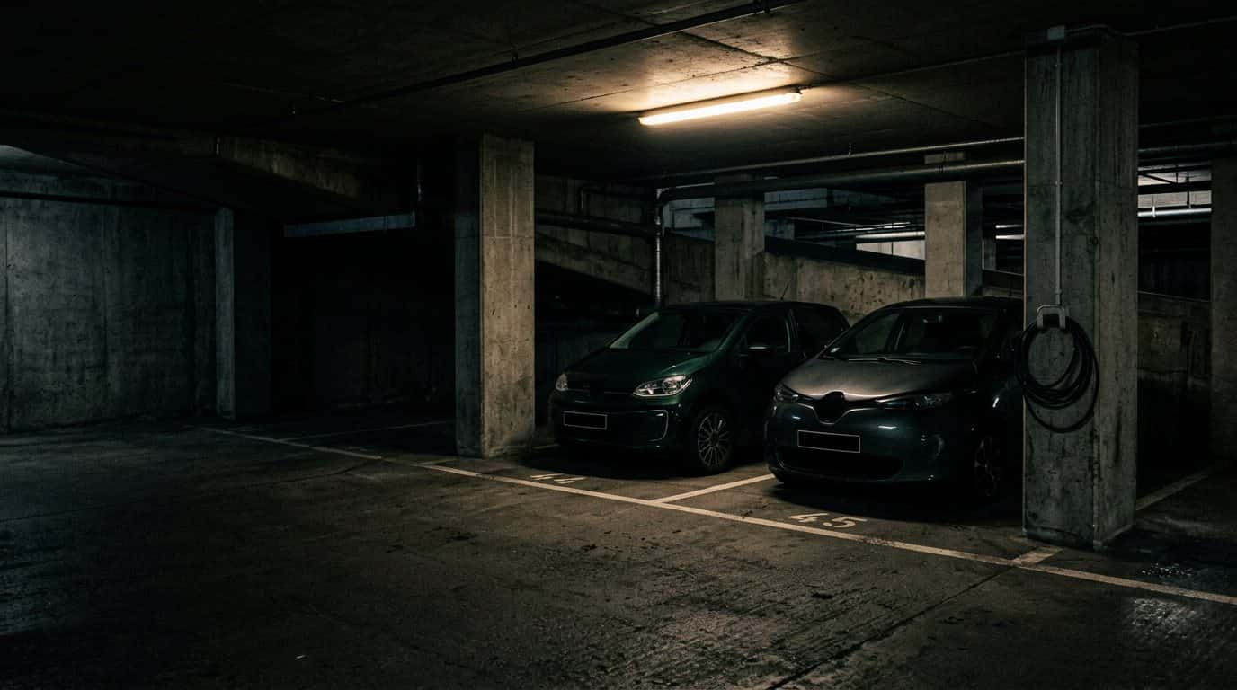 Twee identieke compacte deelauto's staan naast elkaar in gemarkeerde vakken in een parkeergarage, met een laadkabel opgerold aan een paal.