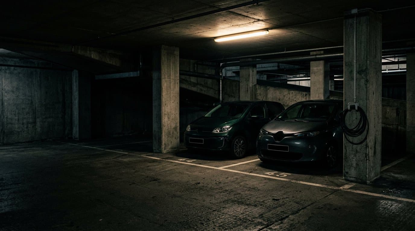 Twee identieke compacte deelauto's staan naast elkaar in gemarkeerde vakken in een parkeergarage, met een laadkabel opgerold aan een paal.