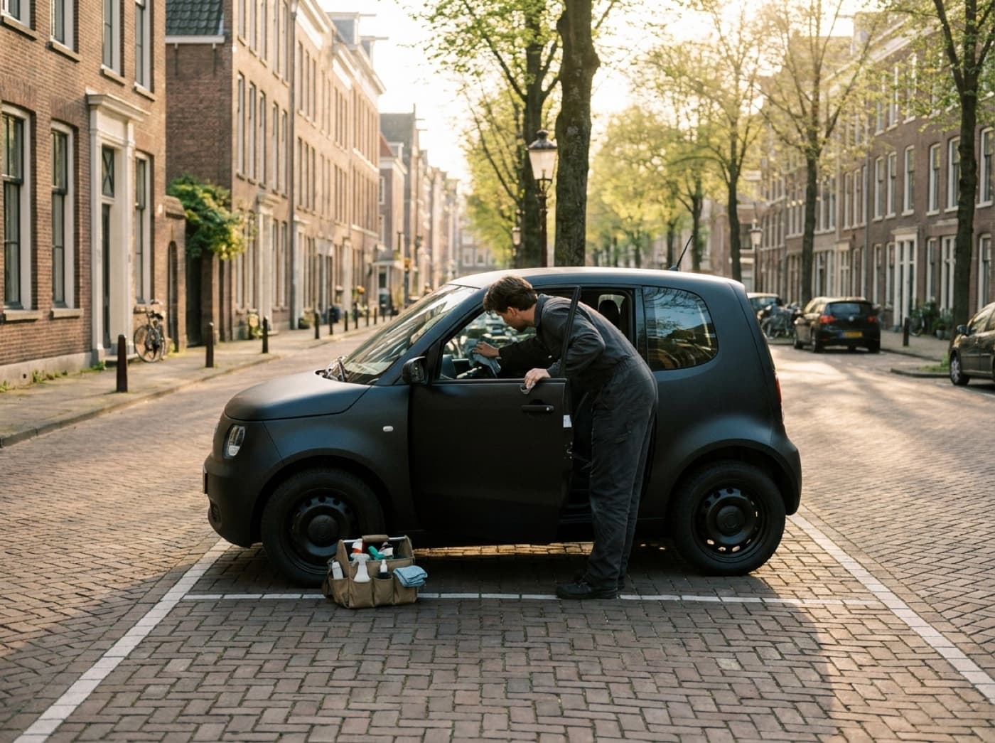 Deelauto wordt vanbinnen schoongemaakt in een parkeervak in de stad