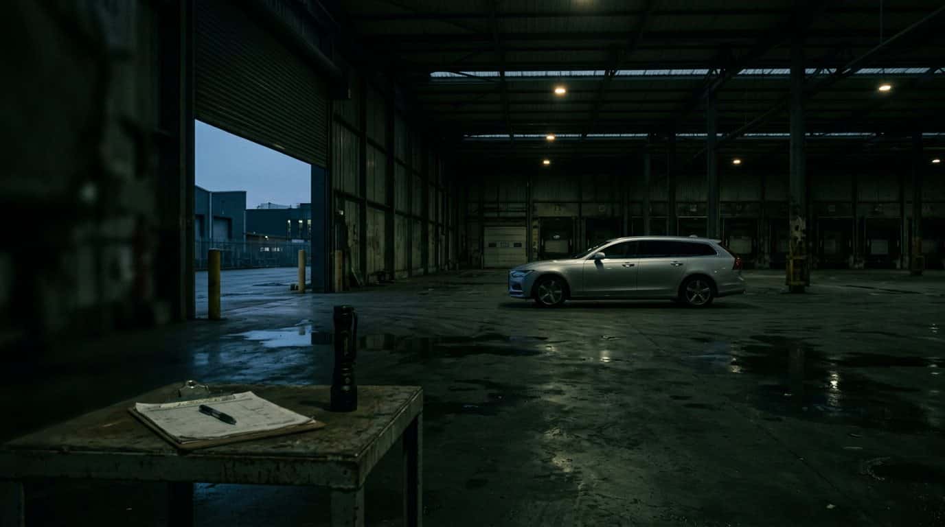 Een schone zilvergrijze stationwagen staat alleen in een verlaten innamehal in de schemering, met op de voorgrond een klembord en een zaklamp op een werktafel.