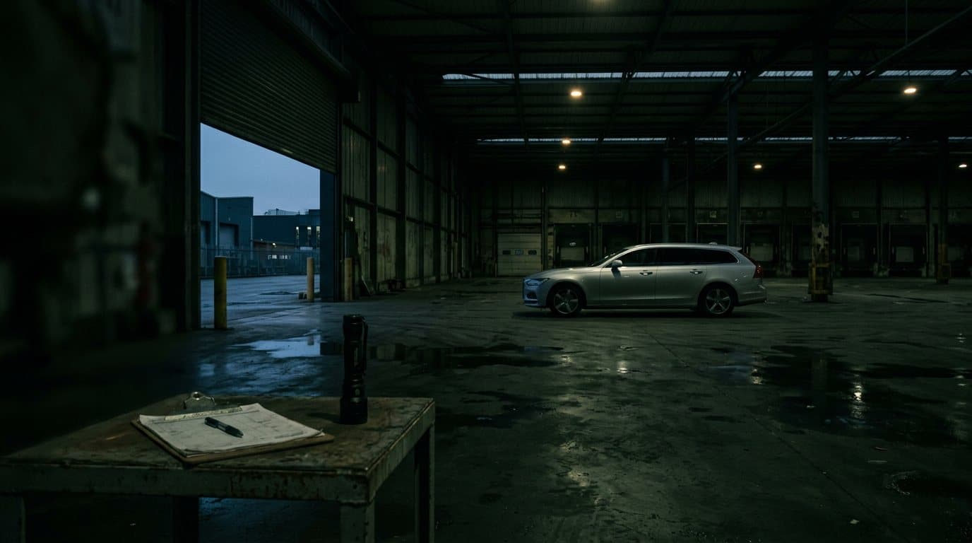 Een schone zilvergrijze stationwagen staat alleen in een verlaten innamehal in de schemering, met op de voorgrond een klembord en een zaklamp op een werktafel.