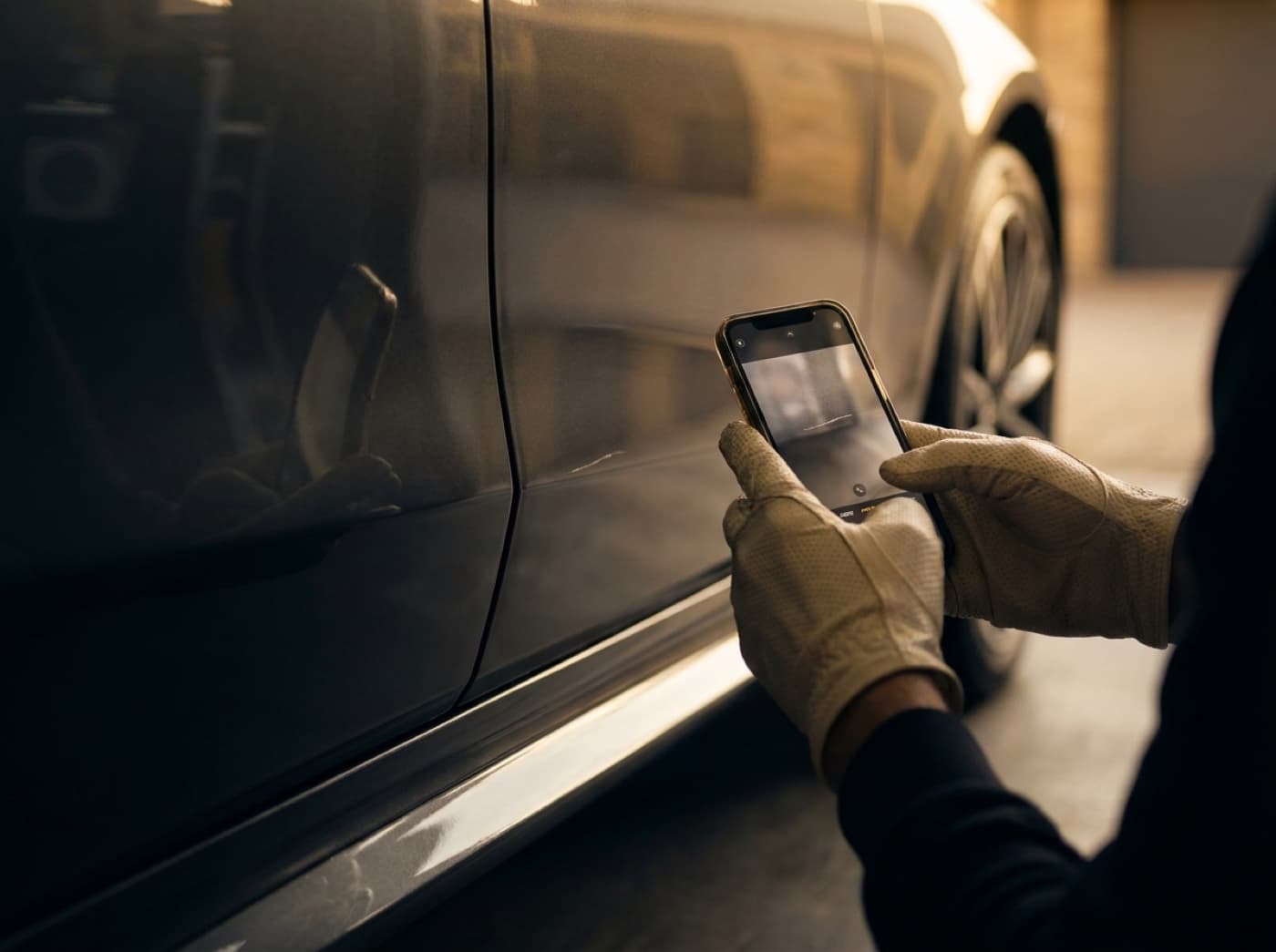 Detailer fotografeert een beschadiging op de dorpel van een leaseauto voor het innamerapport