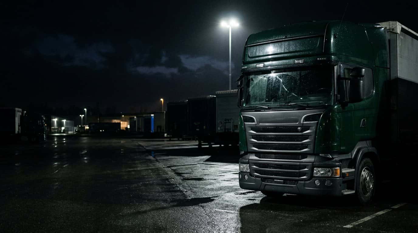 De voorkant van een schone vrachtwagencabine op een transportterrein voor zonsopgang, met rijen opleggers in het donker erachter.