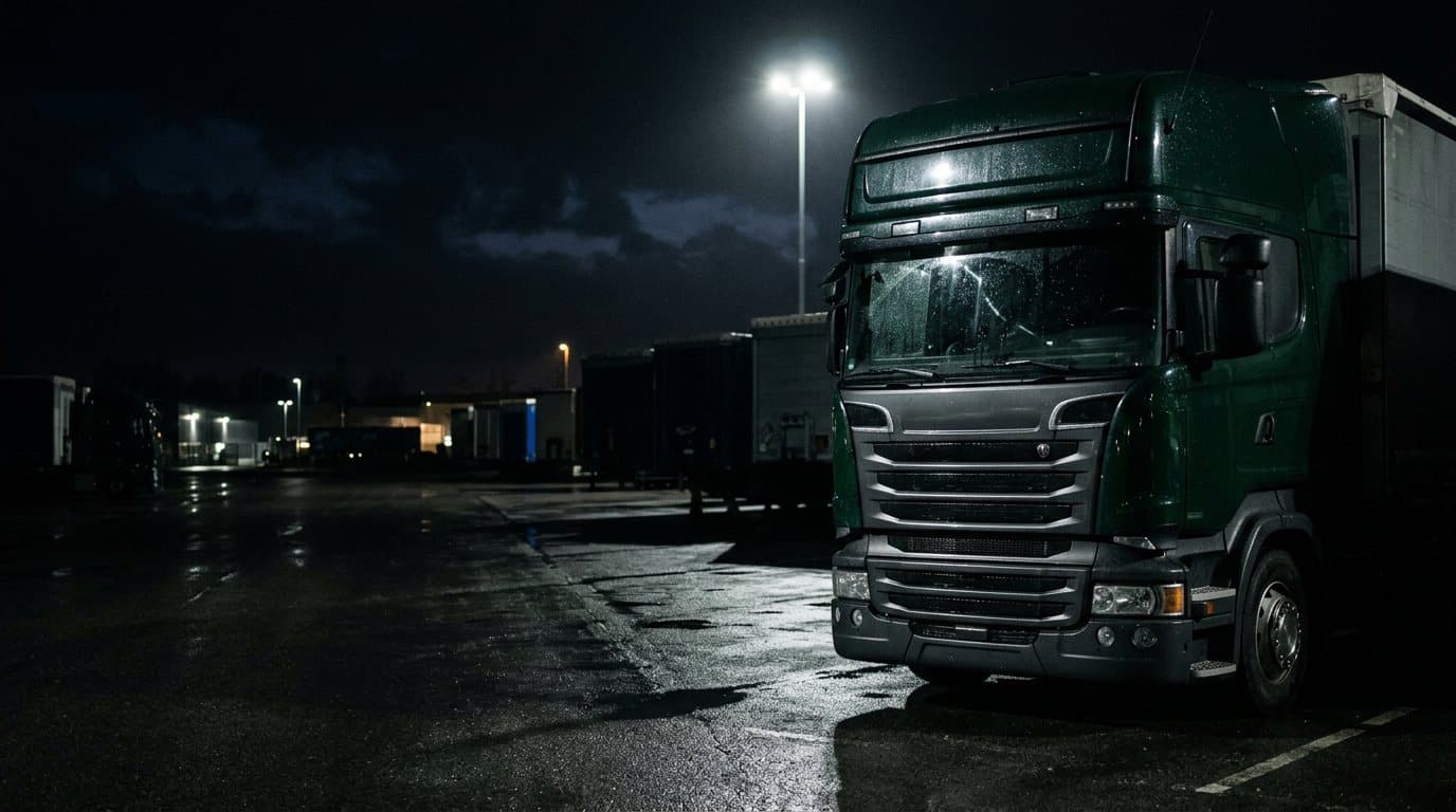 De voorkant van een schone vrachtwagencabine op een transportterrein voor zonsopgang, met rijen opleggers in het donker erachter.
