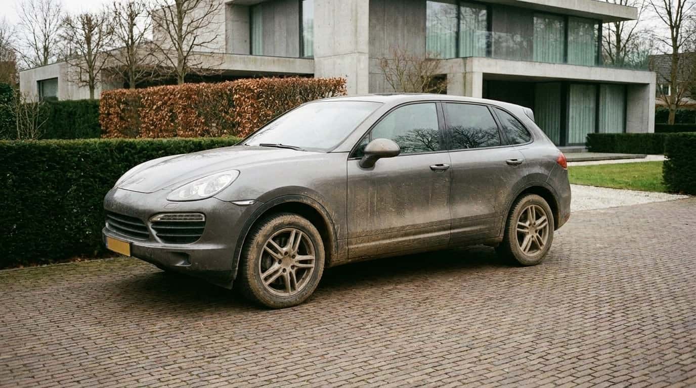 Een donkergrijze Porsche Cayenne staat vuil op een brede oprit van gebakken klinkers voor een moderne villa; de metallic lak is dof van het opgedroogde vuil en er zitten opspattende modderstrepen langs de dorpels en wielkasten.